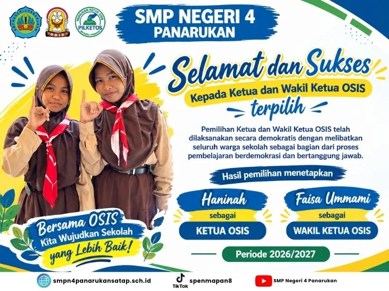 Selamat dan sukses kepada Ketua dan Wakil Ketua OSIS terpilih.